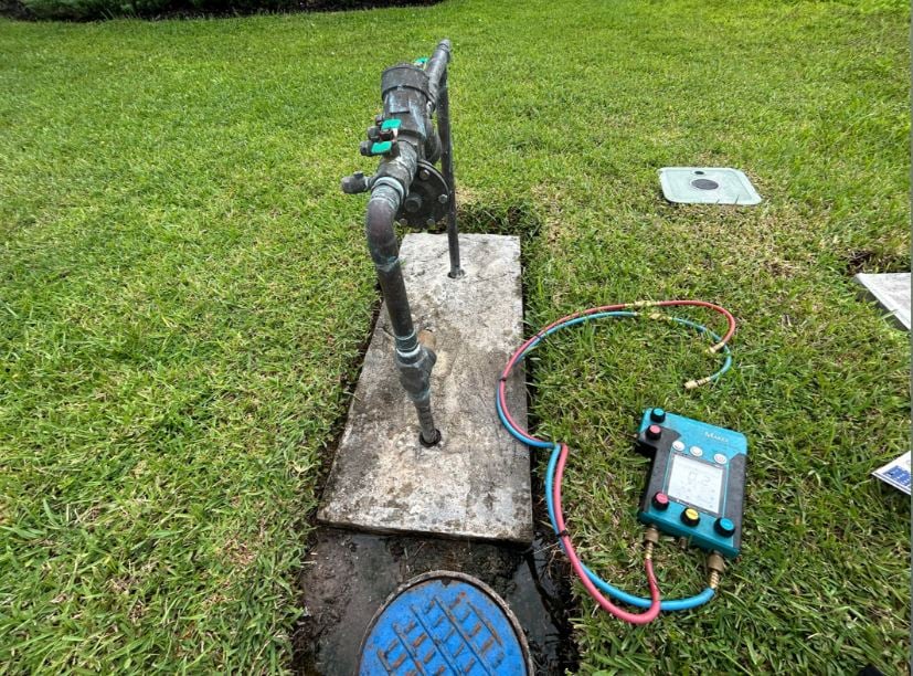 A technician testing a backflow preventer